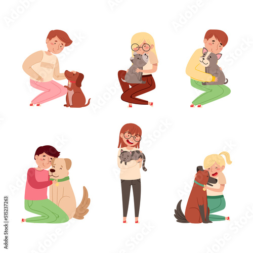 Happy children lovingly embracing their pets set. Boys and girl holding cats and dogs in their hands cartoon vector illustration