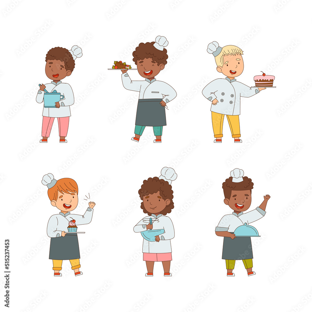 Set of cooking kids. Little children in professional uniform cooking delicious food cartoon vector illustration Set of cooking kids. Little children in professional uniform cooking delicious food cartoon vector illustration