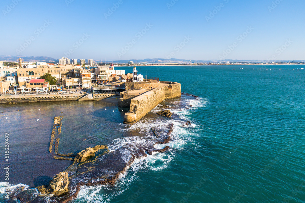Aerial View of old medieval port and lagoon in Acre, Northern District, Israel. Aerial View of old medieval port and lagoon in Acre, Northern District, Israel.