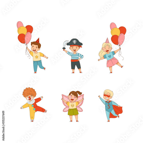 Boys and girls in carnival costumes set. Happy boys and girls dressed as clown  butterfly  superhero having fun at birthday party cartoon vector illustration