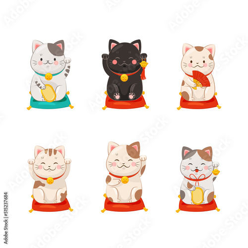 Maneki Neko Japanese lucky cats set cartoon vector illustration photo