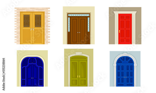 Classic front doors set. Wooden house entrances, building facade element vector illustratio