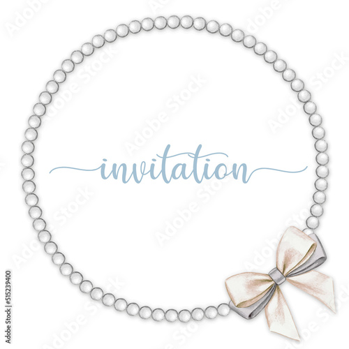 Watercolor hand drawn elegant pearl frame with bow