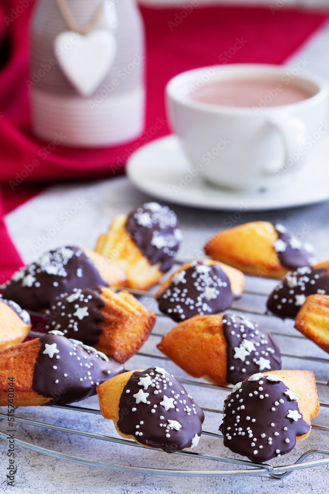 Traditional French Madeleine served with coffee, Valentine's Day.