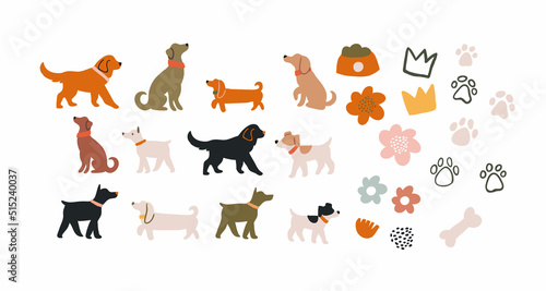 Vector set of abstract dogs characters and doodles on white. Domestic dogs Clipart collection.