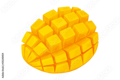 Vector mango slice cut to cubes. Half fresh tropic fruit diced. Realistic eps illustration isolated on white background.