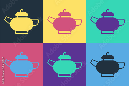 Pop art Traditional Chinese tea ceremony icon isolated on color background. Teapot with cup. Vector