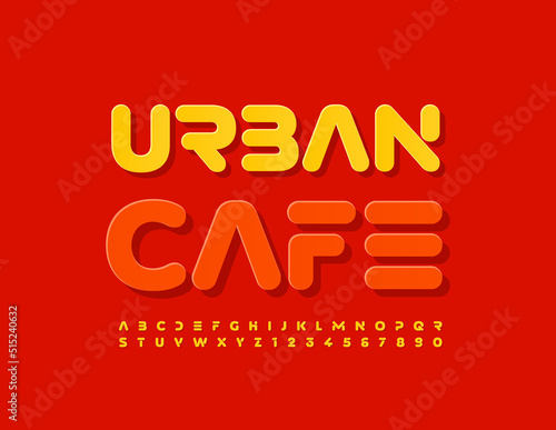 Vector creative Emblem Urban Cafe. Trendy Yellow Alphabet Letters and Numbers set. Modern bright Font
