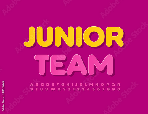 Vector modern Emblem Junior Team. Bright sticker Font. Artistic Alphabet Letters and Numbers