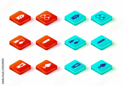 Set Personal lubricant, Anal plug, Penis pump, Dildo vibrator, Sexy fluffy handcuffs and Condom icon. Vector