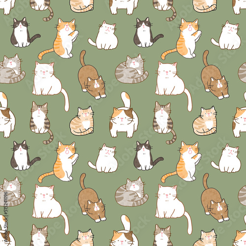 Seamless Pattern with Cute Cartoon Cat Design on Green Background