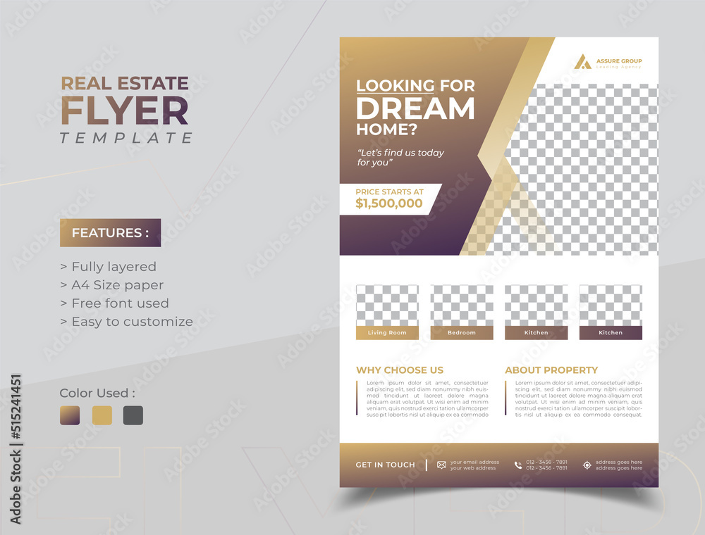 Real Estate Flyer Template Design with trendy gradient color, Dream home poster, Elegant home for sale flyer template