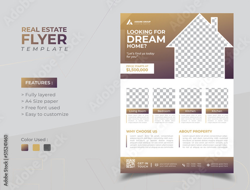 Real Estate Flyer Template Design with trendy gradient color, Dream home poster, Elegant home for sale flyer template