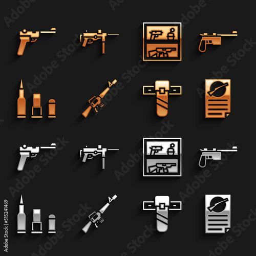 Set M16A1 rifle, Mauser gun, Firearms license certificate, Knife holster, Bullet, Hunting shop weapon, and Submachine M3 icon. Vector