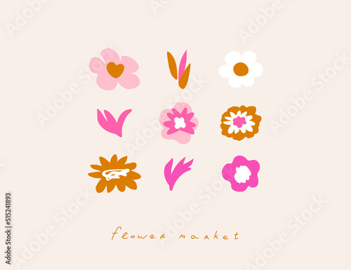 Abstract groovy and hippie flower signs. Set of Different colored Vector illustartions