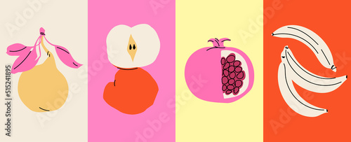 Fruit poster set apple, pear, banana and pomegranate. Modern style, pastel colors