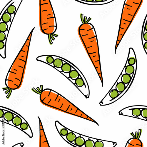 Vector seamless pattern with hand drawn green pea pods and juicy carrots made in graphic style. Ink drawing. Perfect for healthy food or farm markets prints and patterns