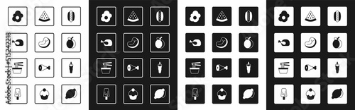 Set Hotdog, Steak meat, Roasted turkey or chicken, Scrambled egg, Plum fruit, Watermelon, chili pepper and Asian noodles in bowl icon. Vector