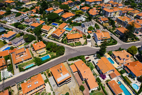 Aerial view of houses in residential neighbourhood of Parede, Cascais, Portugal