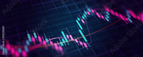 Financial graph with up trend line candlestick chart in stock market on neon color Widescreen background photo