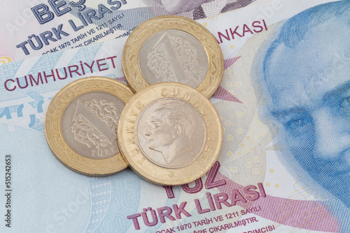Photography Turkish lira coins lying on Turkish lira banknotes