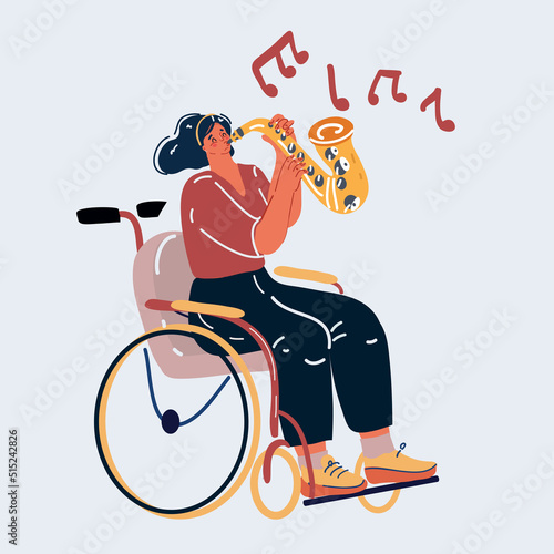 Vector illustration of woman sitting in wheelchair plays saxophone. Person in hospital.