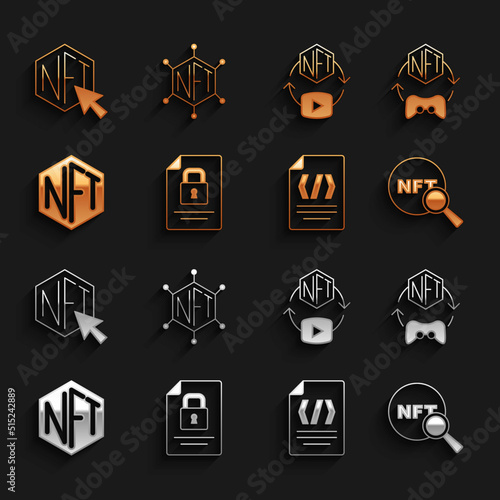 Set Document and lock, NFT Digital crypto art, Search, Binary code, and blockchain technology icon. Vector