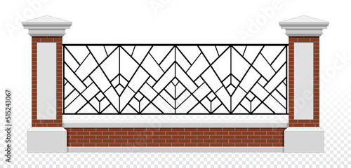 Modern Iron Fence With Red Brick Pillars. Vintage. Vector. Wrought Iron Railing. Handrails. Art Deco Luxury Modern Architecture. Ornamental Fence. Palace. City. Street. Blacksmithing. 