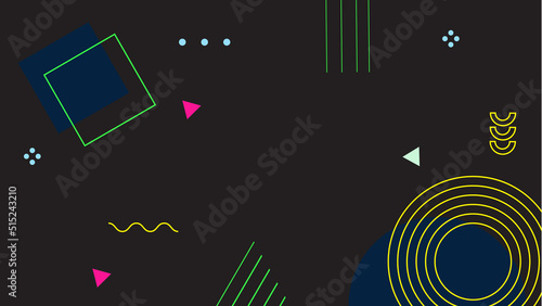 Background in the style of the 80s with multicolored geometric shapes on the black background. Illustration for hipsters Memphis style