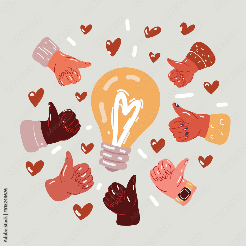 Vector illustration of Ecology environment and saving energy, light bulb concept of successful business. Thumb up sign gesture hand lamp bulb.