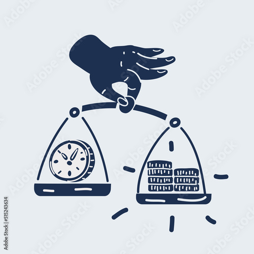 Vector illustration of hold scales in hands, find perfect balance between money and time. Happy successful woman employee have harmony at work and life