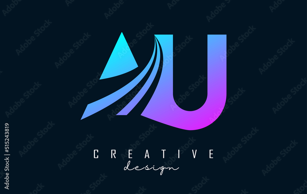Creative colorful letters Au A u logo with leading lines and road concept design. Letters with geometric design.