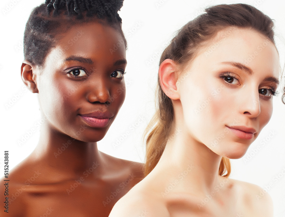 different nation woman: african-american and caucasian together isolated on white background happy smiling, diverse type on skin, lifestyle people concept different nation woman: african-american and caucasian together isolated on white background happy smiling, diverse type on skin, lifestyle people concept