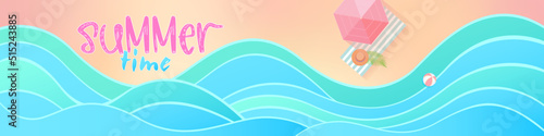 Top view of the coastline of the beach. Resort on the sea, rest. Beach umbrella and mat. Vacation vector illustration with "Summer time" lettering