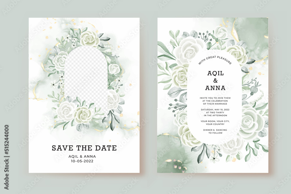 wedding invitation template with photo frame rose white and greenery leaves watercolor