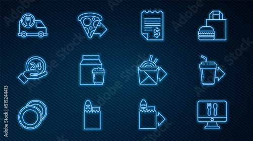 Set line Online ordering and delivery, Coffee cup to go, Paper financial check, Clock 24 hours, Fast by car, noodles and pizza icon. Vector