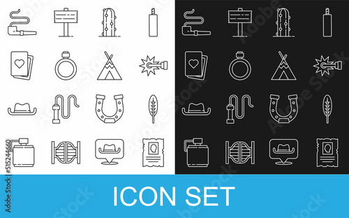 Set line Wanted western poster, Indian feather, Spur, Cactus, Canteen water bottle, Deck of playing cards, Smoking pipe and teepee or wigwam icon. Vector