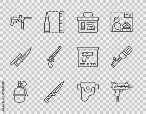 Set line Hand grenade, UZI submachine gun, Military ammunition box, knife, Submachine M3, Revolver, Gun holster and Anti-tank hand icon. Vector