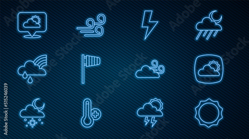 Set line Sun, Weather forecast, Lightning bolt, Cone windsock wind vane, Rainbow with cloud and rain, Location, Windy weather and icon. Vector