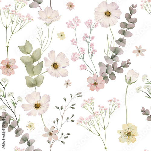 romantic soft pink chrysanthemum and eucalyptus lose countryside wildflower watercolor floral Seamless Pattern