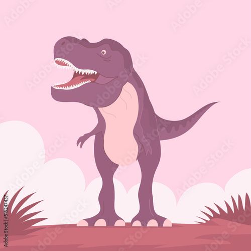 Predatory dinosaur tyrannosaurus rex of the Jurassic period. Carnivorous lizard. Prehistoric strong hunter. Wild landscape. Cartoon vector illustration