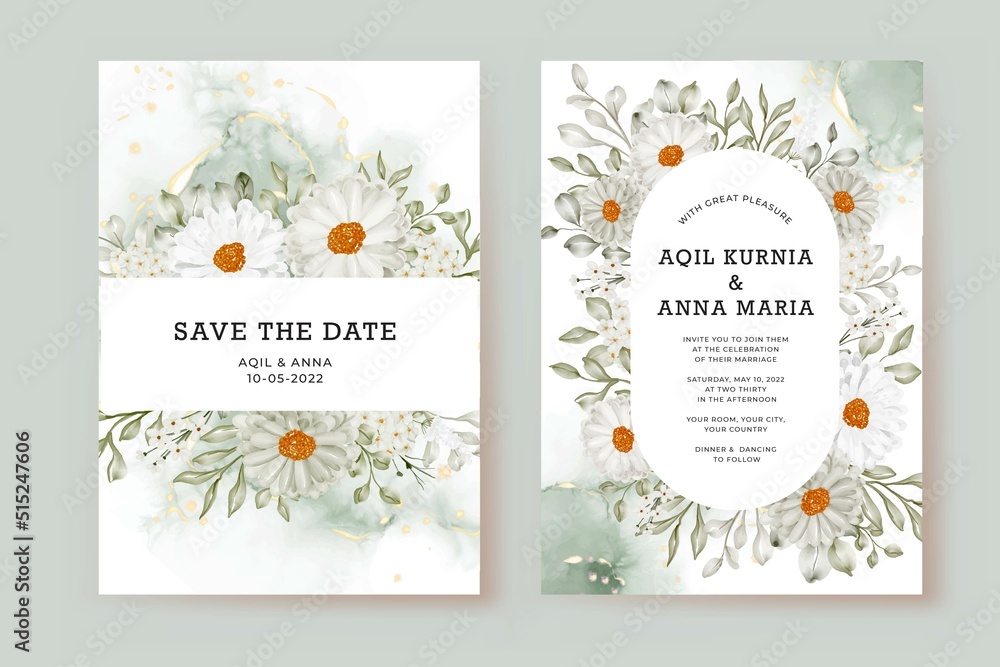 Wedding invitation template with daisy white and greenery leaves watercolor