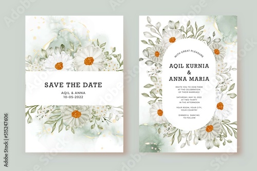 Wedding invitation template with daisy white and greenery leaves watercolor