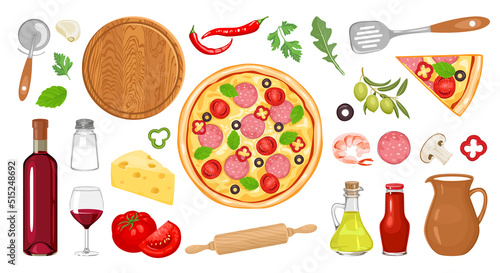 Cartoon pizza, ingredients and kitchen tools set. Collection of vector illustrations of products for cooking pizza.