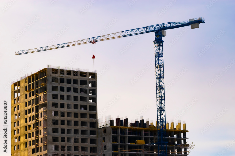a house under construction with a high-rise crane