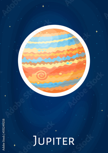 Comic round solar system planet Jupiter design sticker, flat astronomical object graphic patch, cartoon celestial sphere art label on blue cosmic background for magic cosmic fantasia concept