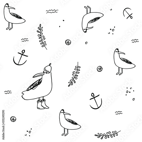 Seamless pattern with seagulls for tshirt textile and print. Cute drawings of seagull birds in doodle style.