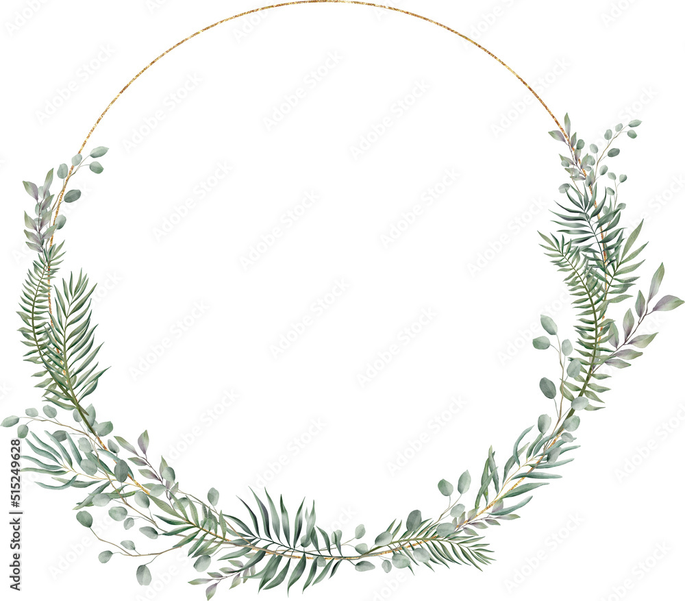 watercolor natural illustration foliage wreath greenery herbs round frame natural gold green stationery wedding romance delicate silky