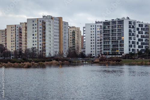 Houses of flats over Balaton pond in Goclaw area of Warsaw city, Poland