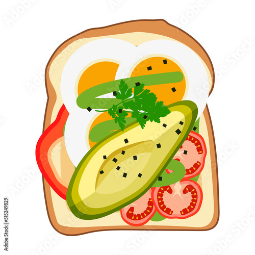Avocado toast with fresh slices of ripe avocado, seasonings and dill. A delicious avocado sandwich. Vector illustration isolated on a white background